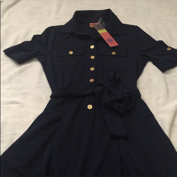 navy blue dress with gold buttons